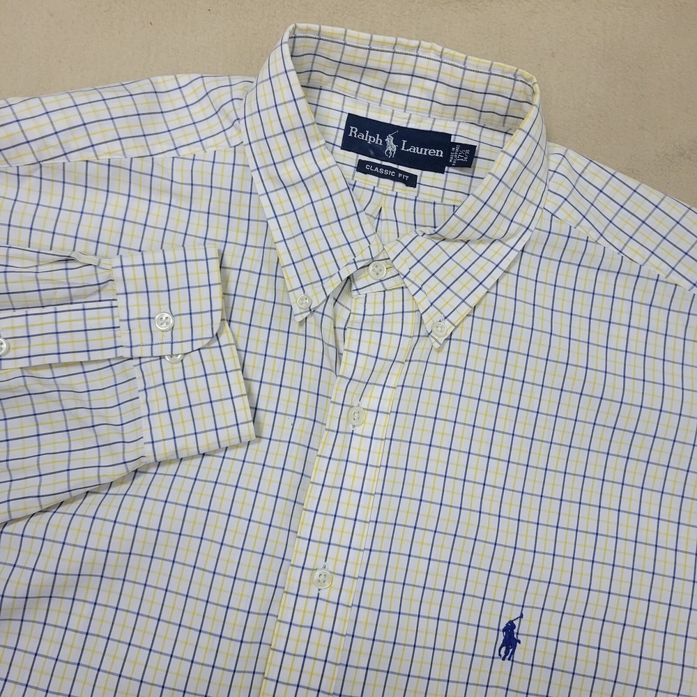 Vintage Ralph Lauren Classic Fit Mens 17.5-34/35 White Check Pony Button Down